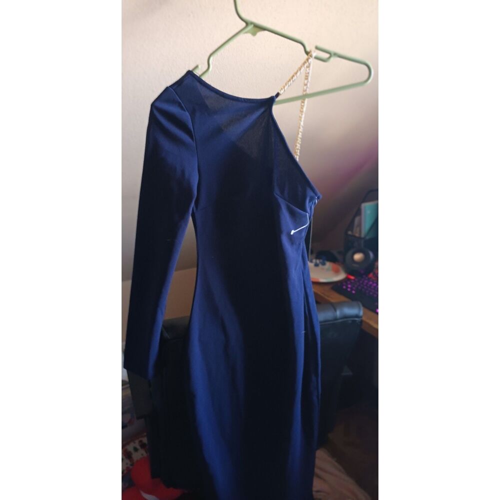 dark blue navy formal dress with gold chain strap by ax paris